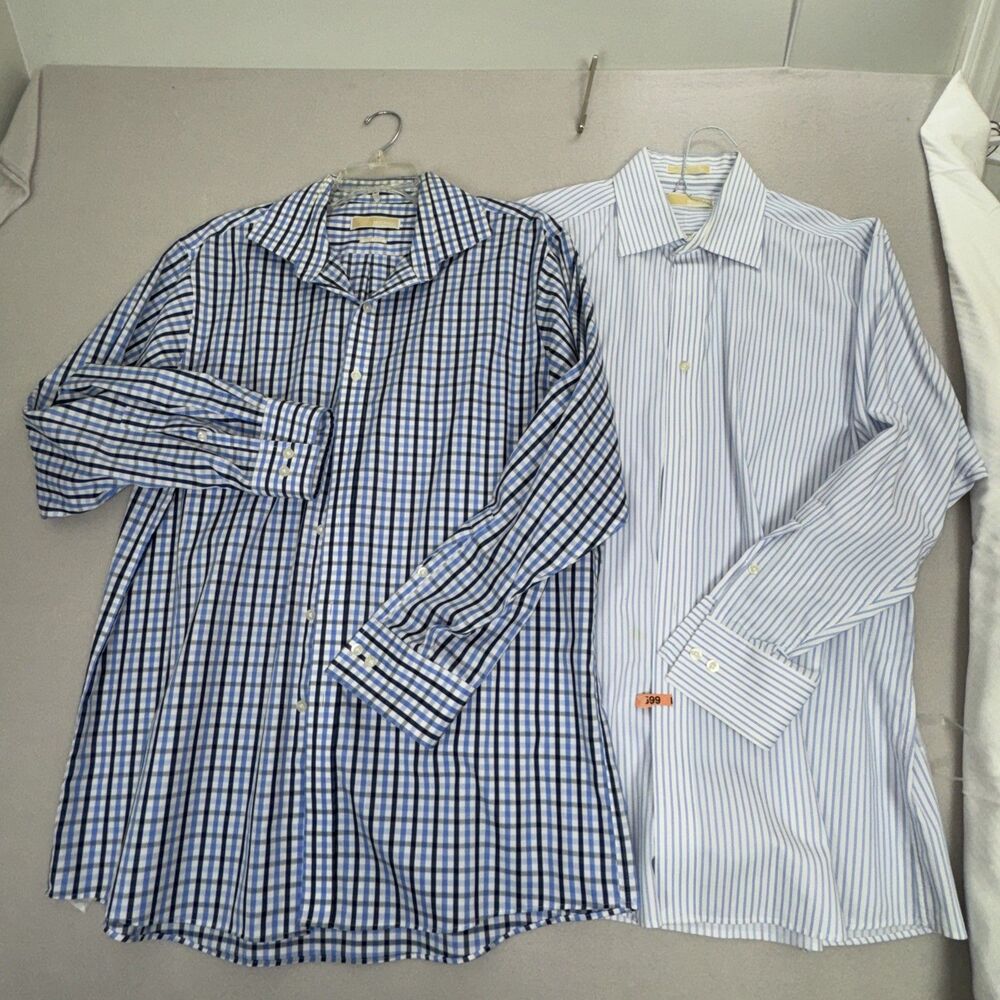 Lot of 2 Michael Kors Men’s Dress Shirt 16.5 32/33 Blue Plaid / Stripes - Picture 1 of 9